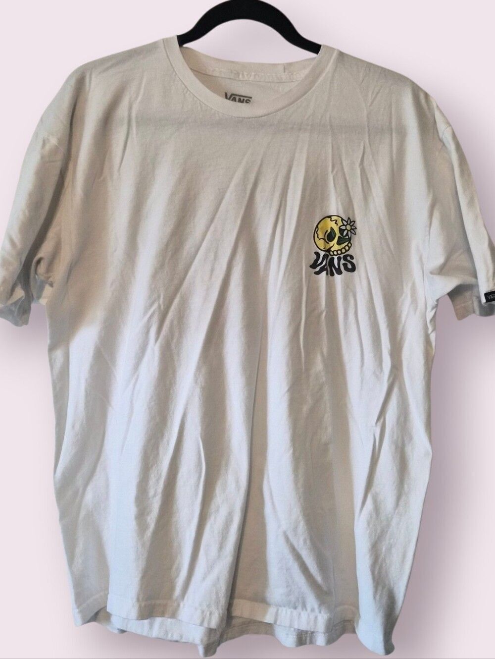 Vans White Short-Sleeve Tee with Yellow Smiley Logo Men's Large | EUC
